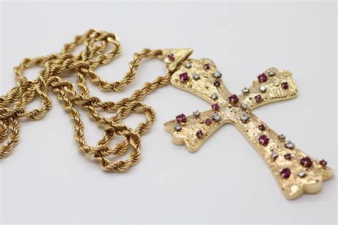 14k Yellow Gold Necklacecross Pendant With Diamond And Ruby 6459gtw