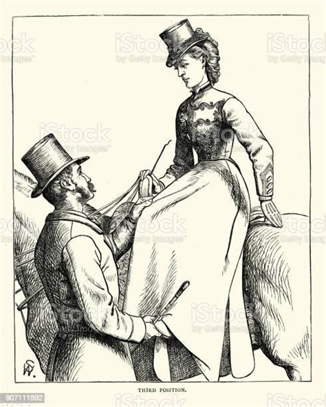 Victorian Lady In A Long Skirt Mounting A Horse Stock Illustration