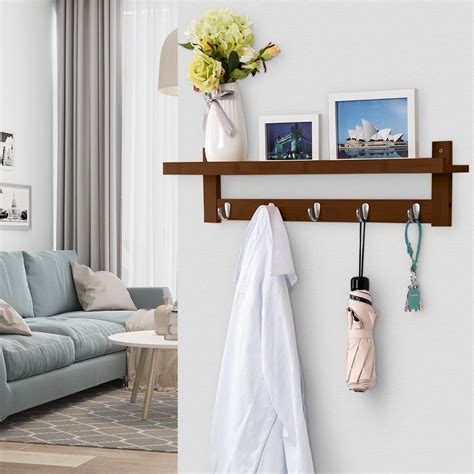 Wall Mounted Standard Coat Rack 5 Metal Hooks And Upper Shelf For