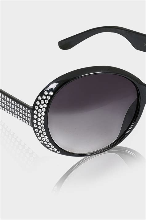 Black Oval Diamante Embellished Sunglasses With Uv 400 Protection Yours Clothing