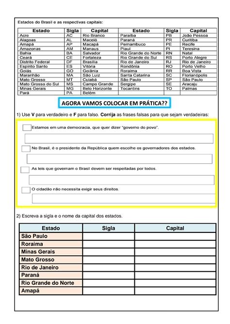 Atividade De Geografia 4 Ano Estados E Capitais