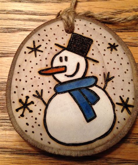 Rustic snowman wood burned Christmas ornament - natural wood
