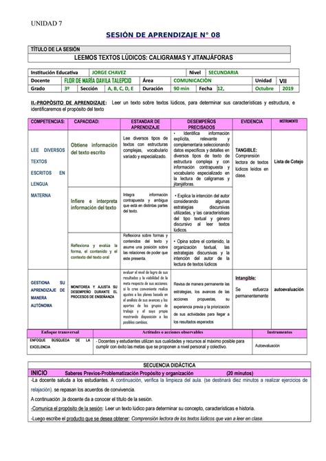 Sesi N De Aprendizaje Del Rea De Comunicaci N By Flor De Mar A Davila