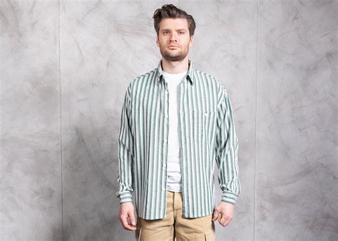Green Striped Men Shirt Vintage 90s Shirt Multicolour Button Down Long Sleeve Shirt Men S