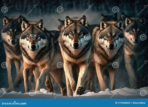 Pack Of Hungry Wolves Hunting In Winter Stock Photo Image Of Timber