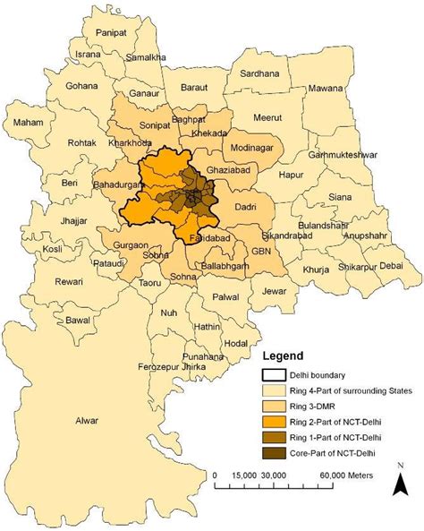(Left 1) Map of NCR of Delhi with core and ring division. (Right 2