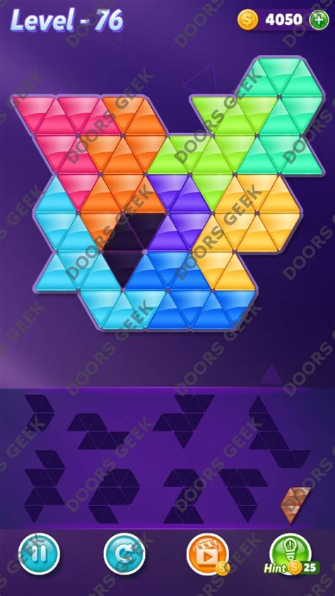 Drag and drop the pieces onto the board without overlapping them and fill out the whole shape. Block! Triangle Puzzle Proficient Level 76 Solution ...
