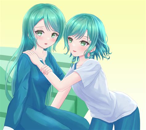 anime anime girls bang dream hikawa hina hikawa sayo short hair long hair green hair twins two