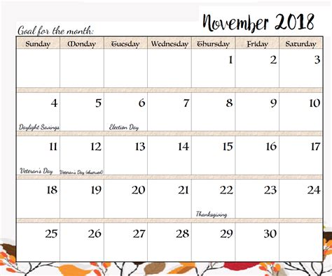 November 2018 Calendar Pdf Calendar Word Calendar Words