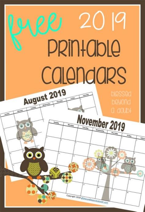 Free 2019 Monthly Printable Calendars Owl Themed Blessed Beyond A Doubt