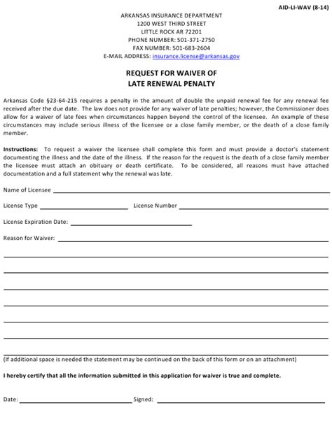 It applies to requests for waiver of civil penalties considered by the various statutes throughout chapter 105 of the general statutes establish penalties the department must assess for noncompliance. Form AID-LI-WAV Download Fillable PDF or Fill Online Request for Waiver of Late Renewal Penalty ...