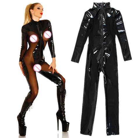 s xxl black sexy zipper latex wetlook catsuit gothic faux leather bodysuit cat women fetish pvc