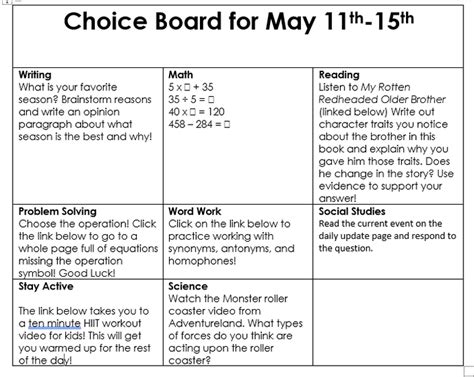 Weekly Choice Board May 11th May 15th Morris Elementary Third Grade