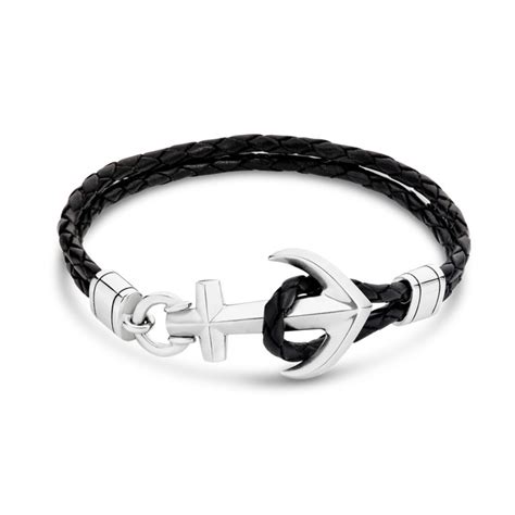 Sterling Silver Anchor Black Leather Bracelet Gregory Jewellers