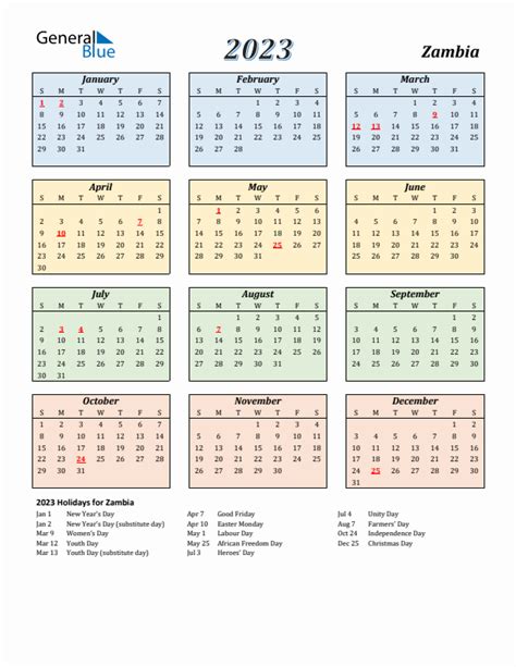 2023 Zambia Calendar With Holidays