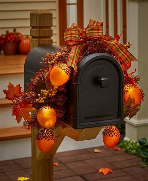 Acorns Mailbox Swag Solar Lights Up Illuminates Fall Autumn Home Decor