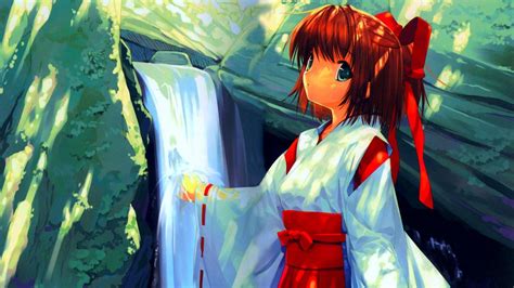 Brunettes Water Blue Eyes Rocks Brown Ribbons Kimono Anime Waterfalls