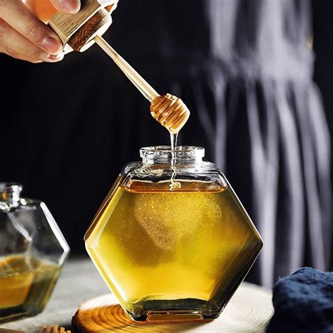 220ml380ml Hexagonal Glass Honey Bottle With Wooden Stirring Rod Honey