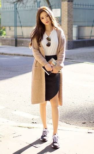 Black Pencil Skirt With Tan Knit Cardigan Spring Outfits 1 Ideas