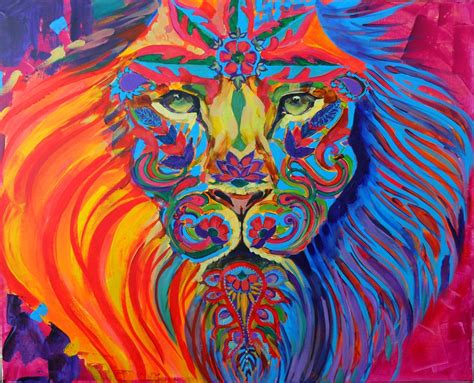 Abstract Lion Painting Acrylic Floral Bright By Artbyamna
