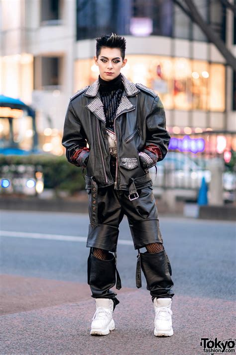Leather Harajuku Street Style W Spiked Motorcycle Jacket Gallerie Tokyo Sequin Top Myob