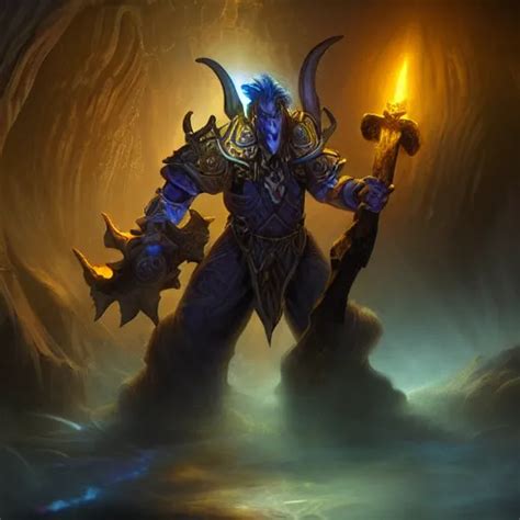 Lightforged Draenei Paladin In A Dark Cave Holding An Stable