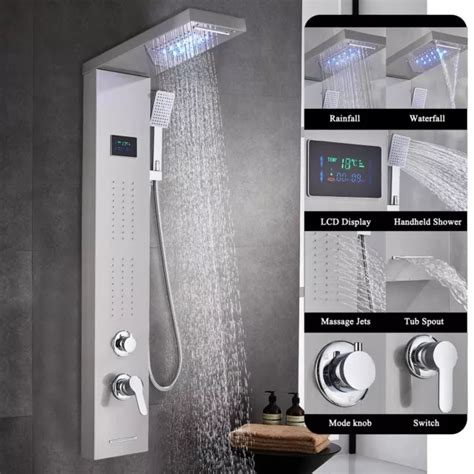 STAINLESS STEEL LED Shower Panel Tower Kit Rain Waterfall Massage Jets