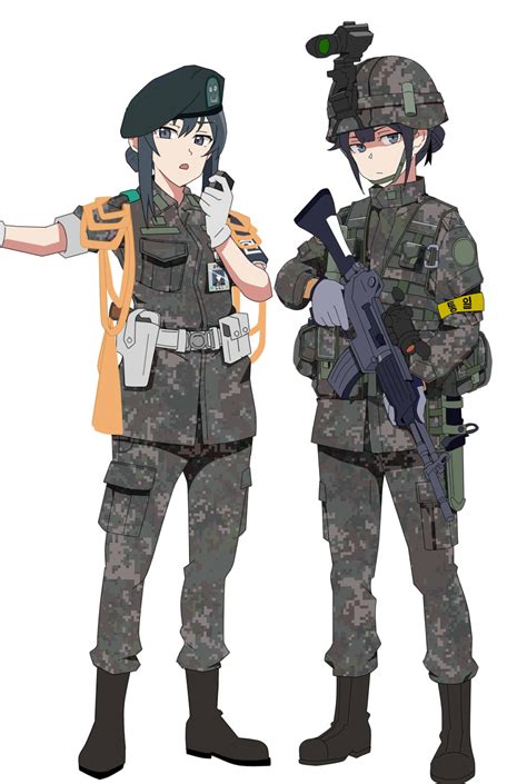 Safebooru 2girls Absurdres Assault Rifle Bangs Belt Beret Blue Eyes Blue Hair Boots Camouflage