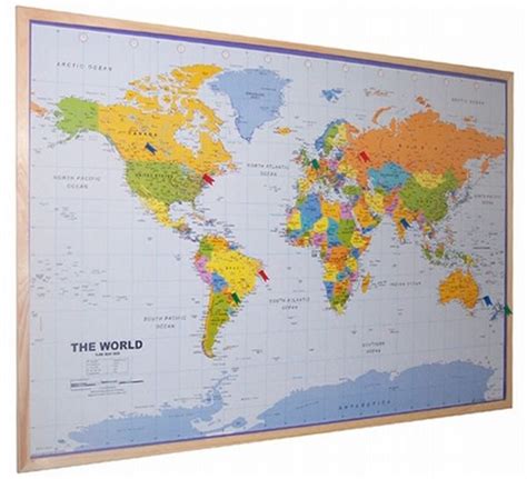 World Pinboard Map With Light Wood Frame World Framed Maps