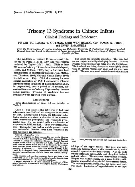 Trisomy 13 Syndrome In Chinese Infants Clinical Findings And Incidence