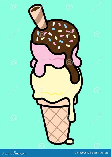 Double Scoop Ice Cream With Sprinkles On Sugar Cone Line Art Outline Cartoon Illustration