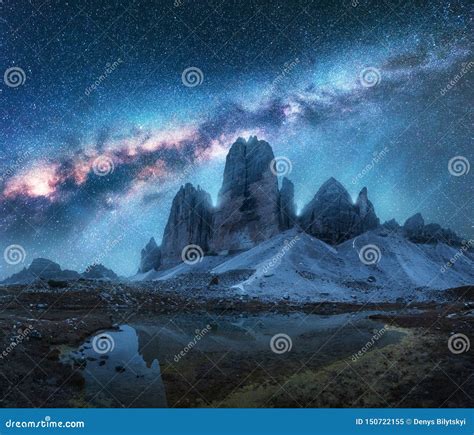 Milky Way Over Mountains At Night In Summer Landscape Stock Image