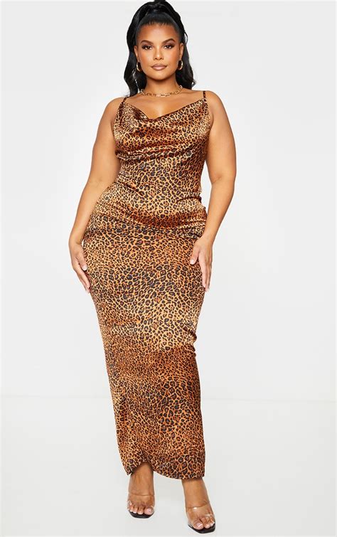 Plus Leopard Print Satin Cowl Neck Midaxi Dress Prettylittlething