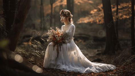 امرأة في ثوب الزفاف الخريف الجلوس في الغابة امرأة ترتدي فستان زفاف تجلس مع باقة زهور في الغابة