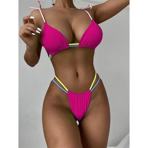 Womens Swimwear Micro Bikini Strings Swimsuit Thong Bathing Suit Women Bandage Pink Neon Green