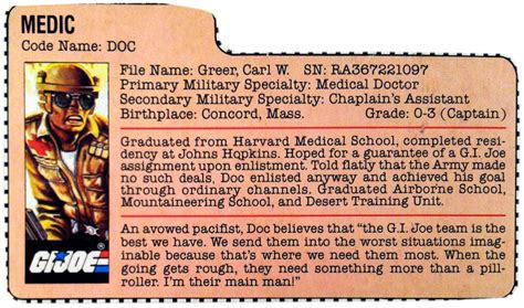Joe doc) is the code name of two fictional characters from the g.i. The G.I. Joe Rolodex: The Digital File Card Repository - 3DJoes