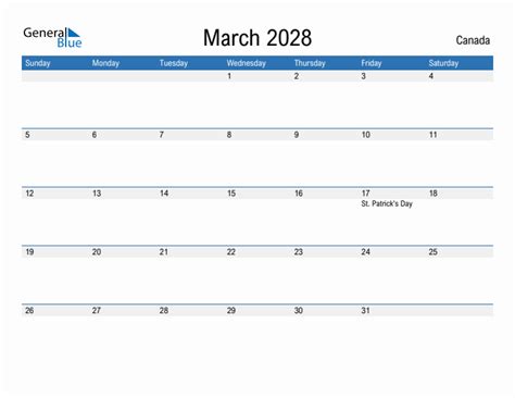 Editable March 2028 Calendar With Canada Holidays
