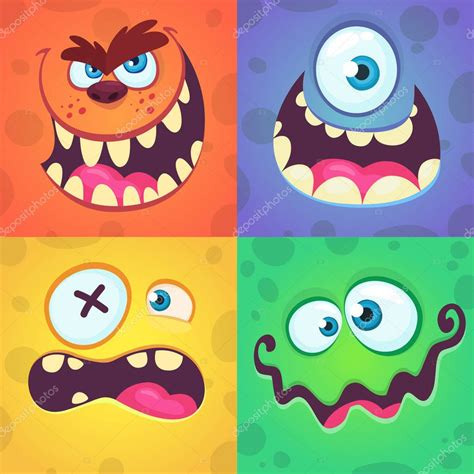 Caras De Monstruo De Dibujos Animados Conjunto Vectorial De Cuatro