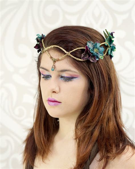 Gold Elven Crown Dark Teal And Purple Elven Headpiece Elven Headdress Fairy Crown Woodland