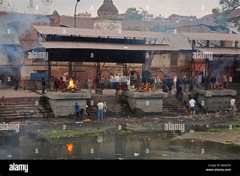Human Body Being Burnt On Cremation Ghats Bagmati Riverbank At