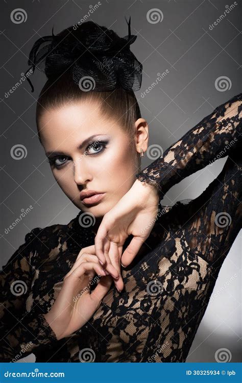 Glamor Luxurious Woman In Black Dress And Bow Sophistication Stock