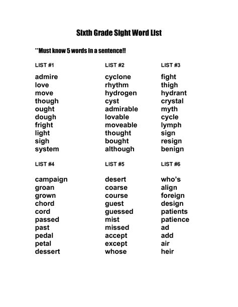 6th Grade Sight Words Printable The 10 Best Spelling Words Images On