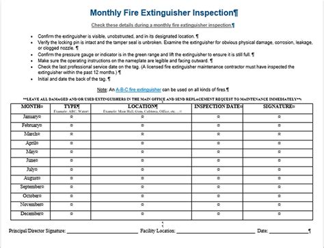 Printable Monthly Fire Extinguisher Inspection Form Template Excel