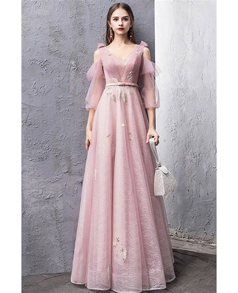 Fairy Pink Tulle Cold Shoulder Long Prom Dress With Tulle Sleeves