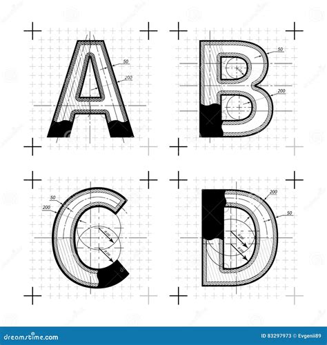 Architectural Sketches Of A B C D Letters Blueprint Style Font Stock
