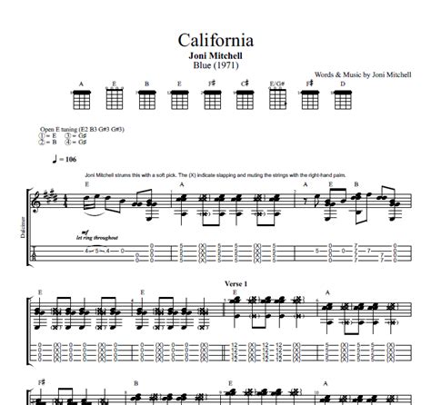 California · Joni Mitchell Guitar Dulcimer Tabs Sheet Music