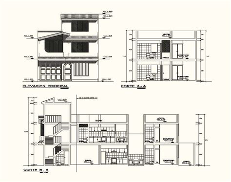 Different Axis Elevation And Section View For Housing Building Dwg File