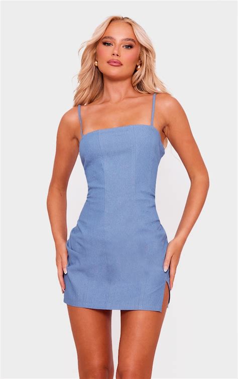 Light Blue Twill Binded Strappy Bodycon Dress Prettylittlething