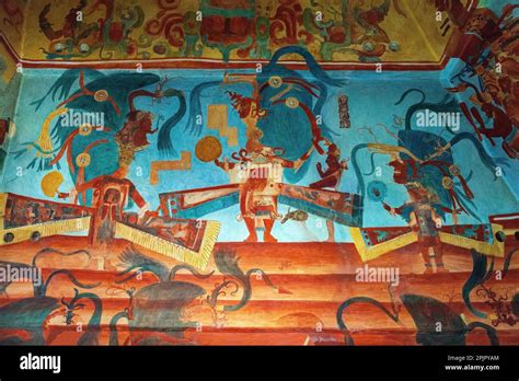 Mayan Fresco Mural Painting In Room 3 Of The Temple Of Murals In The