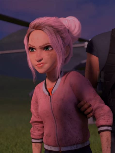 An Animated Woman With Pink Hair Standing Next To A Man In Front Of A